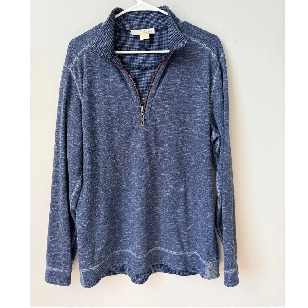 Tommy Bahama Men's Reversible 1/2 Zip Sweatshirt Blue Heather Grid Size Medium